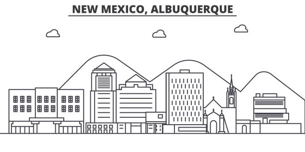 New Mexico Albuquerque architecture line skyline illustration. Linear vector cityscape with famous landmarks, city sights, design icons. Landscape wtih editable strokes New Mexico Albuquerque architecture line skyline illustration. Linear vector cityscape with famous landmarks, city sights, design icons. Editable strokes new mexico landscape stock illustrations