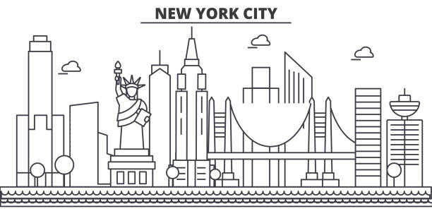 bildbanksillustrationer, clip art samt tecknat material och ikoner med new york, new york city arkitekturen linje skyline illustration. linjär vektor stadsbild med berömda landmärken, sevärdheter, designikoner. landskap med redigerbara stroke - manhattan skyline sunset