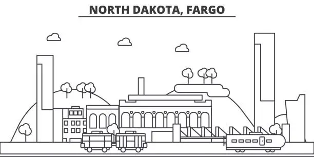 Vector illustration of North Dakota, Fargo architecture line skyline illustration. Linear vector cityscape with famous landmarks, city sights, design icons. Landscape wtih editable strokes