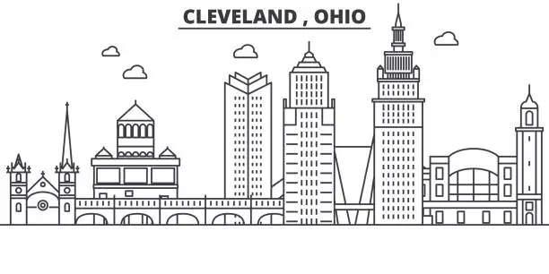 Vector illustration of Ohio Cleveland architecture line skyline illustration. Linear vector cityscape with famous landmarks, city sights, design icons. Landscape wtih editable strokes