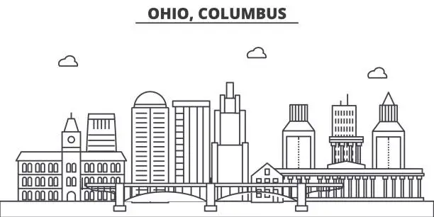 Vector illustration of Ohio, Columbus architecture line skyline illustration. Linear vector cityscape with famous landmarks, city sights, design icons. Landscape wtih editable strokes