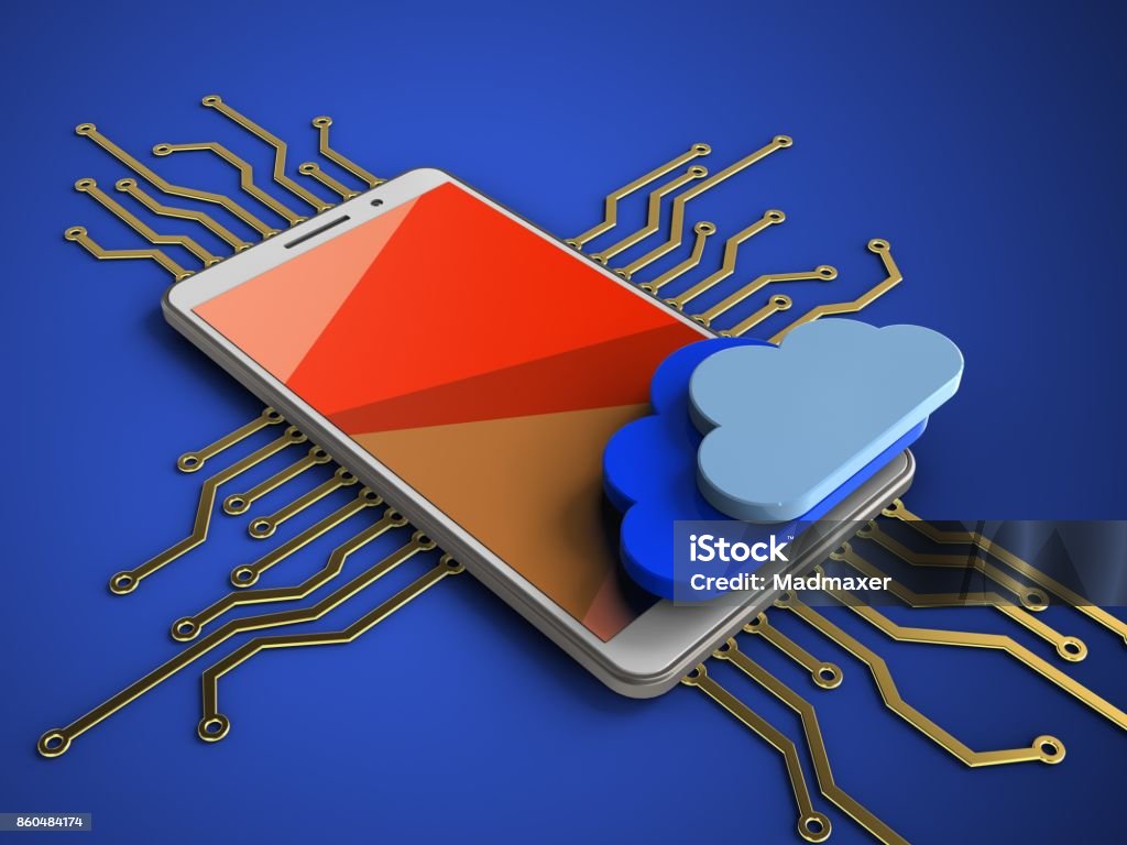 3d red 3d illustration of white phone over blue background with electronic circuit and clouds Abstract Stock Photo