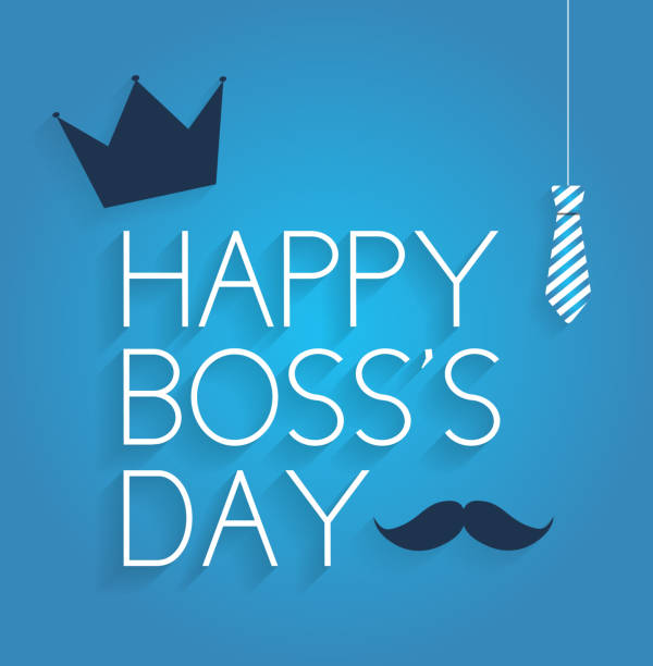Boss Day poster on blue background with hanging tie, crown and mustache Boss Day poster on blue background with hanging tie, crown and mustache. Vector illustration. All elements are separate. Easily modifying. No mesh. EPS10 boss-day stock illustrations