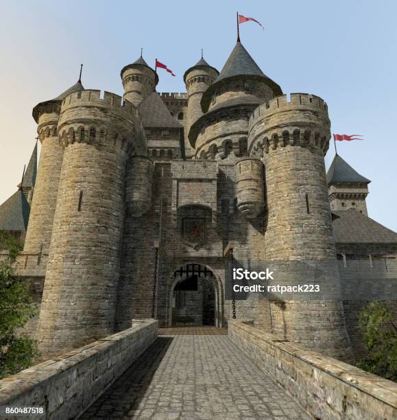 Fantasy Castle Gate Bridge Stock Photo - Download Image Now - Castle, Fort, Medieval
