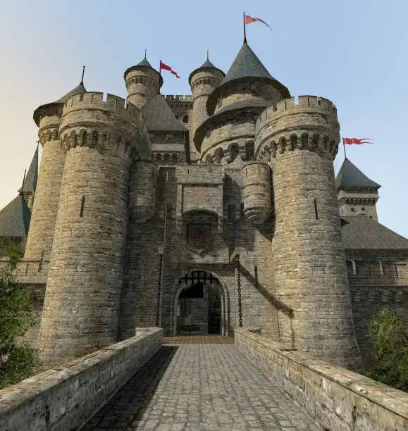 3D rendering of a draw bridge gate of a massive  enchanted fantasy castle seen from a stone bridge.