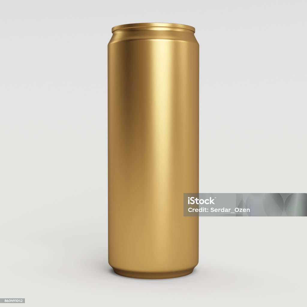 330ml Gold Empty 3D Soda Can Render with White Background Empty 330ml liquid soda can for your product design, including beer, energy drinks, soda preview or presentations. On white background. Can Stock Photo