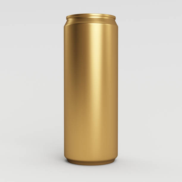 330ml gold empty 3d soda can render with white background - drink carton imagens e fotografias de stock