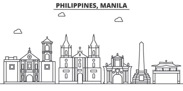 Vector illustration of Philippines, Manila architecture line skyline illustration. Linear vector cityscape with famous landmarks, city sights, design icons. Landscape wtih editable strokes