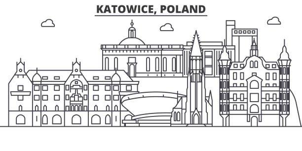 ilustraciones, imágenes clip art, dibujos animados e iconos de stock de polonia, ilustración de katowice arquitectura línea horizonte. paisaje urbano vector lineal con los monumentos famosos, monumentos de la ciudad, diseño de los iconos. paisaje con trazos editables - silesia