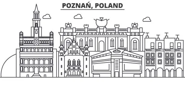 Vector illustration of Poland, Poznan architecture line skyline illustration. Linear vector cityscape with famous landmarks, city sights, design icons. Landscape wtih editable strokes
