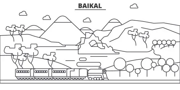 Vector illustration of Russia, Baikal architecture line skyline illustration. Linear vector cityscape with famous landmarks, city sights, design icons. Landscape wtih editable strokes