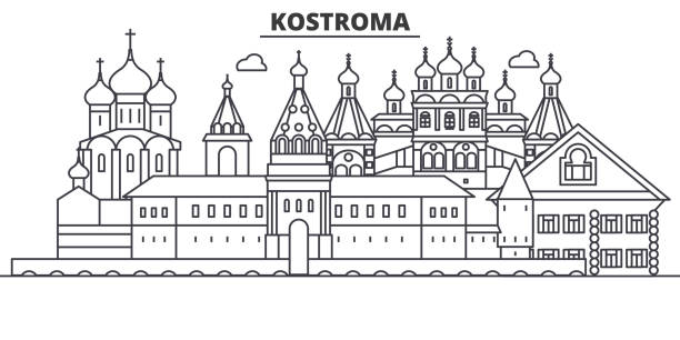 ilustraciones, imágenes clip art, dibujos animados e iconos de stock de rusia, ilustración de kostroma arquitectura línea horizonte. paisaje urbano vector lineal con los monumentos famosos, monumentos de la ciudad, diseño de los iconos. paisaje con trazos editables - winter palace