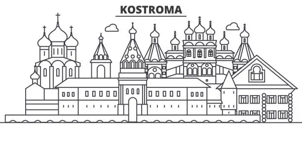 Vector illustration of Russia, Kostroma architecture line skyline illustration. Linear vector cityscape with famous landmarks, city sights, design icons. Landscape wtih editable strokes