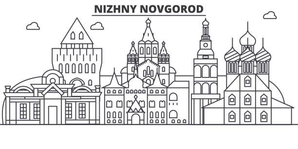 ilustrações, clipart, desenhos animados e ícones de rússia, nizhny novgorod ilustração a arquitetura linha linha do horizonte. paisagem urbana de vetor linear com monumentos famosos, pontos turísticos da cidade, ícones do design. paisagem com traços editáveis - oka river