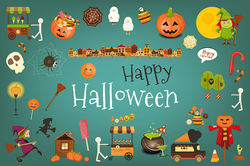Happy Halloween Card with Cute Characters and Creatures. Sweet Halloween on Blue Background. Vector Illustration.