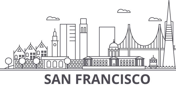 ilustraciones, imágenes clip art, dibujos animados e iconos de stock de ilustración de silueta de línea de arquitectura de san francisco. paisaje urbano vector lineal con los monumentos famosos, monumentos de la ciudad, diseño de los iconos. paisaje con trazos editables - golden gate bridge panoramic san francisco county bridge