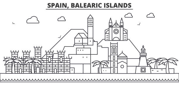 illustrations, cliparts, dessins animés et icônes de espagne, illustration de skyline balearis îles architecture ligne. cityscape vecteur linéaire avec les monuments célèbres, les sites de la ville, les icônes du design. paysage avec traits modifiables - palma majorque