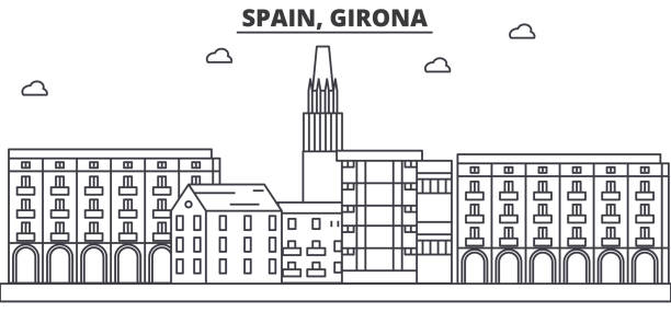 스페인 지로 나 건축 선 스카이 라인 일러스트입니다. 유명한 랜드마크, 시티 명소와 선형 벡터 풍경 디자인 아이콘. 편집 가능한 선 프리 - girona stock illustrations