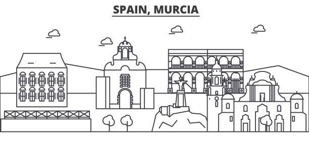 i̇spanya, murcia mimari satır manzarası illüstrasyon. doğrusal vektör cityscape ünlü simge, şehir manzaraları, tasarım simgeler. düzenlenebilir darbeleri ile manzara - murcia stock illustrations