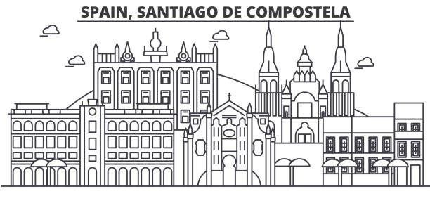 ilustrações, clipart, desenhos animados e ícones de espanha, santiago de compostela ilustração a arquitetura linha linha do horizonte. paisagem urbana de vetor linear com monumentos famosos, pontos turísticos da cidade, ícones do design. paisagem com traços editáveis - galicia pilgrimage pilgrim religion