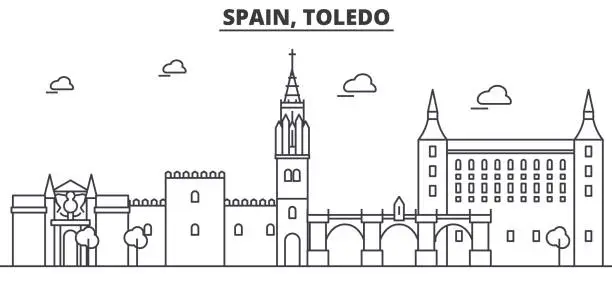 Vector illustration of Spain, Toledo architecture line skyline illustration. Linear vector cityscape with famous landmarks, city sights, design icons. Landscape wtih editable strokes
