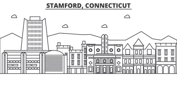 Vector illustration of Stamford, Connecticut architecture line skyline illustration. Linear vector cityscape with famous landmarks, city sights, design icons. Landscape wtih editable strokes