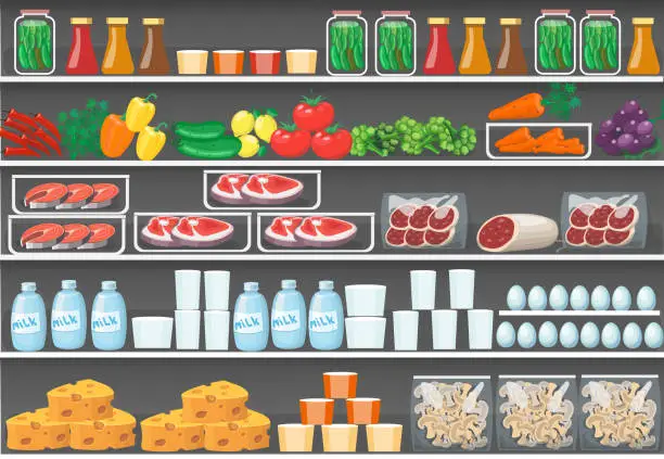 Vector illustration of Shelves with products. vector food supermarket background