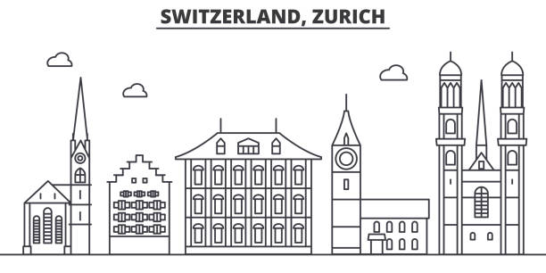 ilustraciones, imágenes clip art, dibujos animados e iconos de stock de suiza, ilustración de zurich arquitectura línea horizonte. paisaje urbano vector lineal con los monumentos famosos, monumentos de la ciudad, diseño de los iconos. paisaje con trazos editables - catedral grossmünster