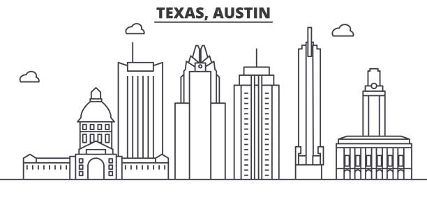 テキサス州オースティン建築線スカイラインの図。有名なランドマーク、観光、デザイン アイコンと線形ベクトル街並み。編集可能なストロークのある風景します。 - austin texas skyline texas cityscape点のイラスト素材／クリップアート素材／マンガ素材／アイコン素材