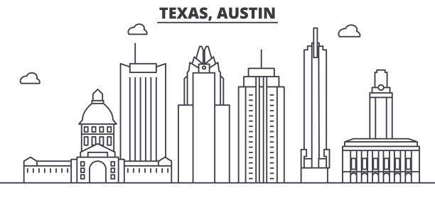 Texas Austin architecture line skyline illustration. Linear vector cityscape with famous landmarks, city sights, design icons. Landscape wtih editable strokes Texas Austin architecture line skyline illustration. Linear vector cityscape with famous landmarks, city sights, design icons. Editable strokes road panoramic scenics journey stock illustrations