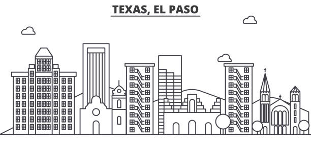 illustrazioni stock, clip art, cartoni animati e icone di tendenza di illustrazione dello skyline della linea di architettura texas el paso. paesaggio urbano vettoriale lineare con monumenti famosi, attrazioni della città, icone di design. orizzontale con tratti modificabili - arch rock