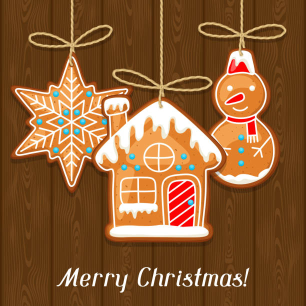 Merry Christmas greeting card with hanging gingerbread Merry Christmas greeting card with hanging gingerbread. gingerbread man cookie cutter stock illustrations