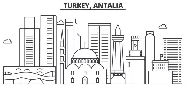 Vector illustration of Turkey, Antalia architecture line skyline illustration. Linear vector cityscape with famous landmarks, city sights, design icons. Landscape wtih editable strokes