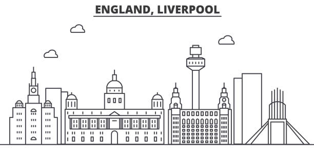 영국입니다. 리버풀 건축 선 스카이 라인 일러스트입니다. 유명한 랜드마크, 시티 명소와 선형 벡터 풍경 디자인 아이콘. 편집 가능한 선 프리 - liverpool stock illustrations