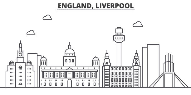 Uk. Liverpool architecture line skyline illustration. Linear vector cityscape with famous landmarks, city sights, design icons. Landscape wtih editable strokes Uk. Liverpool architecture line skyline illustration. Linear vector cityscape with famous landmarks, city sights, design icons. Editable strokes river mersey northwest england stock illustrations