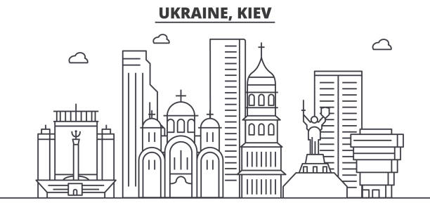 烏克蘭，基輔建築線天際線圖。線性向量的景觀，如著名的地標，市內的旅遊景點，設計圖示。景觀與可編輯筆觸 - kiev 幅插畫檔、美工圖案、卡通及圖標