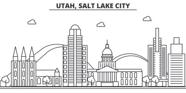 Vector illustration of Utah, Salt Lake City architecture line skyline illustration. Linear vector cityscape with famous landmarks, city sights, design icons. Landscape wtih editable strokes