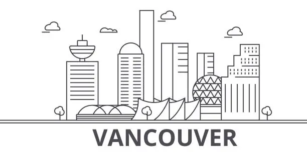 Vector illustration of Vancouver architecture line skyline illustration. Linear vector cityscape with famous landmarks, city sights, design icons. Landscape wtih editable strokes
