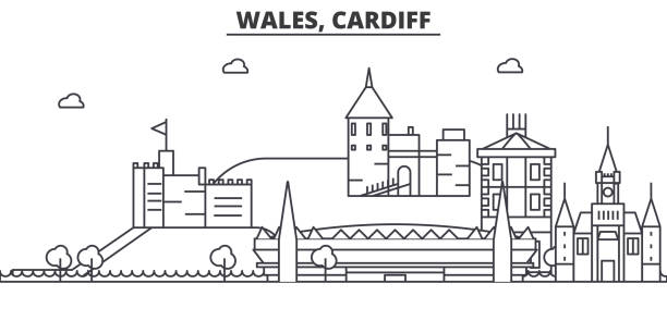 웨일스, 카디프 건축 선 스카이 라인 일러스트입니다. 유명한 랜드마크, 시티 명소와 선형 벡터 ��풍경 디자인 아이콘. 편집 가능한 선 프리 - castle cardiff wales welsh culture stock illustrations