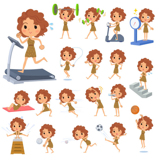 Primitive women_Sports & exercise Set of various poses of Primitive women_Sports & exercise evolution volleyball stock illustrations