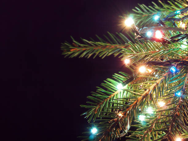 christmas tree decked with glowing garland on a dark background - decked imagens e fotografias de stock