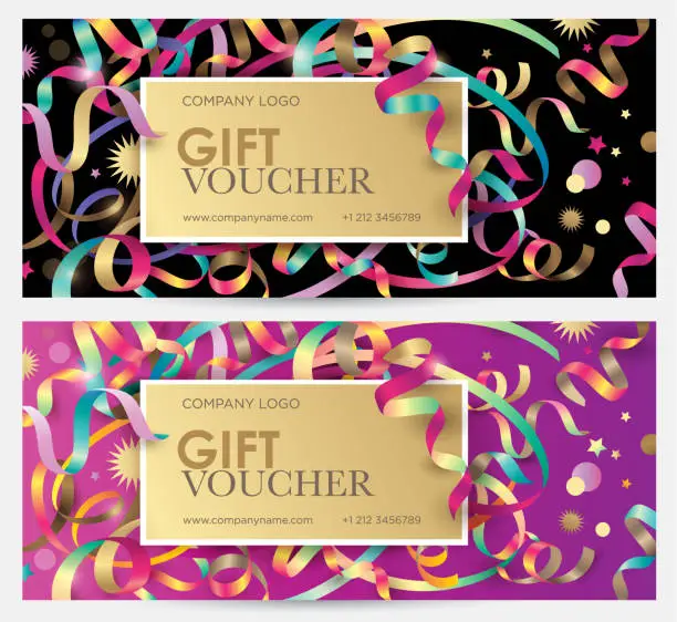 Vector illustration of Gift coupon with colorful ribbons, serpentine and glitter.