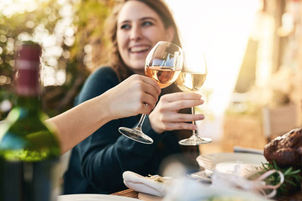 ¡qué gran día hasta ahora - dining people women wine fotografías e imágenes de stock