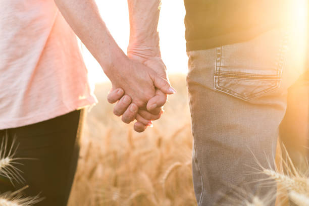 istock Couple holding hands in a wheat field at sunset, sunlight effect 860540462