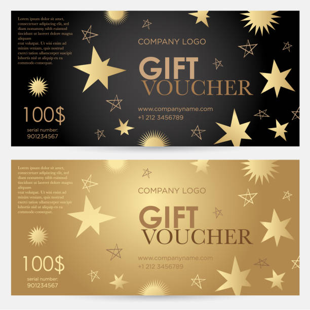 ilustrações de stock, clip art, desenhos animados e ícones de gift voucher with gold stars. christmas gift certificate. - cartão de felicitação