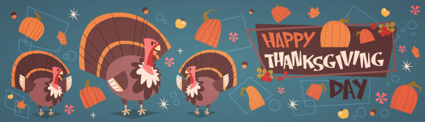 Happy Thanksgiving Day Autumn Traditional Harvest Holiday Greeting Card With Turkey Happy Thanksgiving Day Autumn Traditional Harvest Holiday Greeting Card With Turkey Flat Vector Illustration free thanksgiving pic stock illustrations