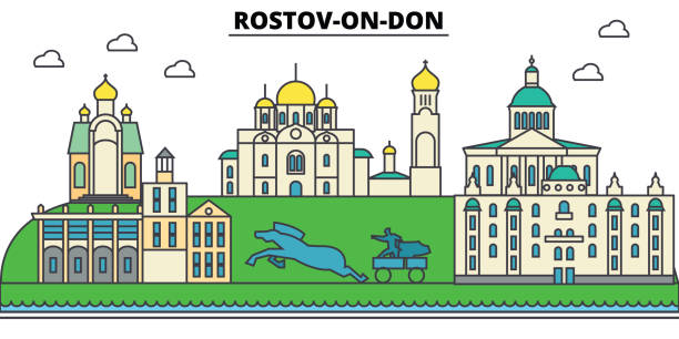Russia, Rostov On Don. City skyline, architecture, buildings, streets, silhouette, landscape, panorama, landmarks. Editable strokes. Flat design line vector illustration concept. Isolated icons set Russia, Rostov On Don. City skyline, architecture, buildings, streets, silhouette, landscape, panorama, landmarks Editable strokes Flat design line vector illustration concept Isolated icons rostov on don stock illustrations