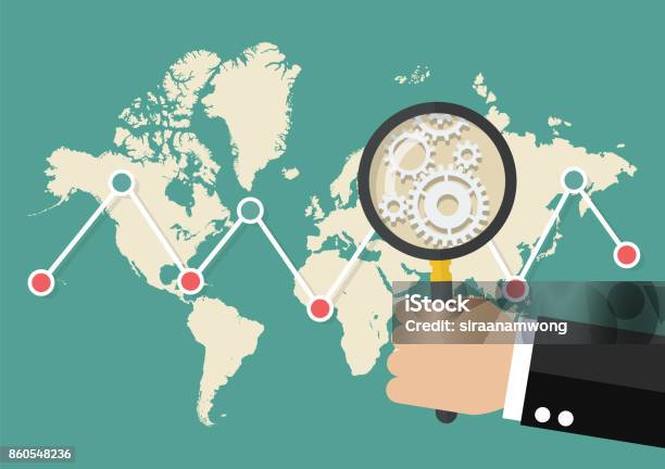 Magnifying Glass Scan Stock Market Graph With World Map Stock Illustration - Download Image Now