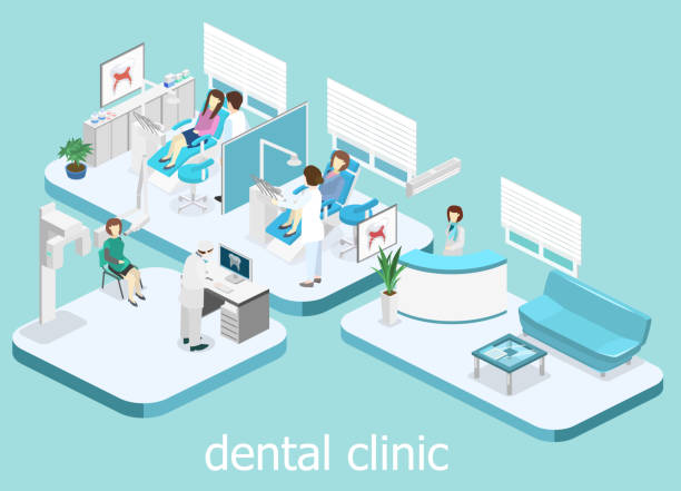 Dental Clinic. flat interior of dentist's office. Isometric 3D isolated concept vector cutaway interior of a Dentistry waiting room. Dental Clinic. flat interior of dentist's office, Oral Radiology dentists office stock illustrations