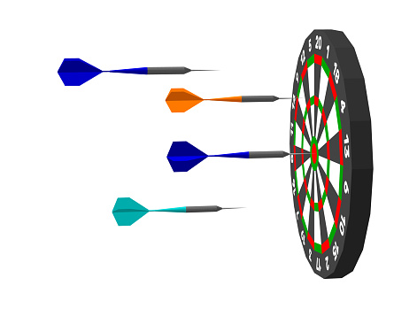 Dartboard and darts arrow. Isolated on white background. 3d Vector illustration. Side view.